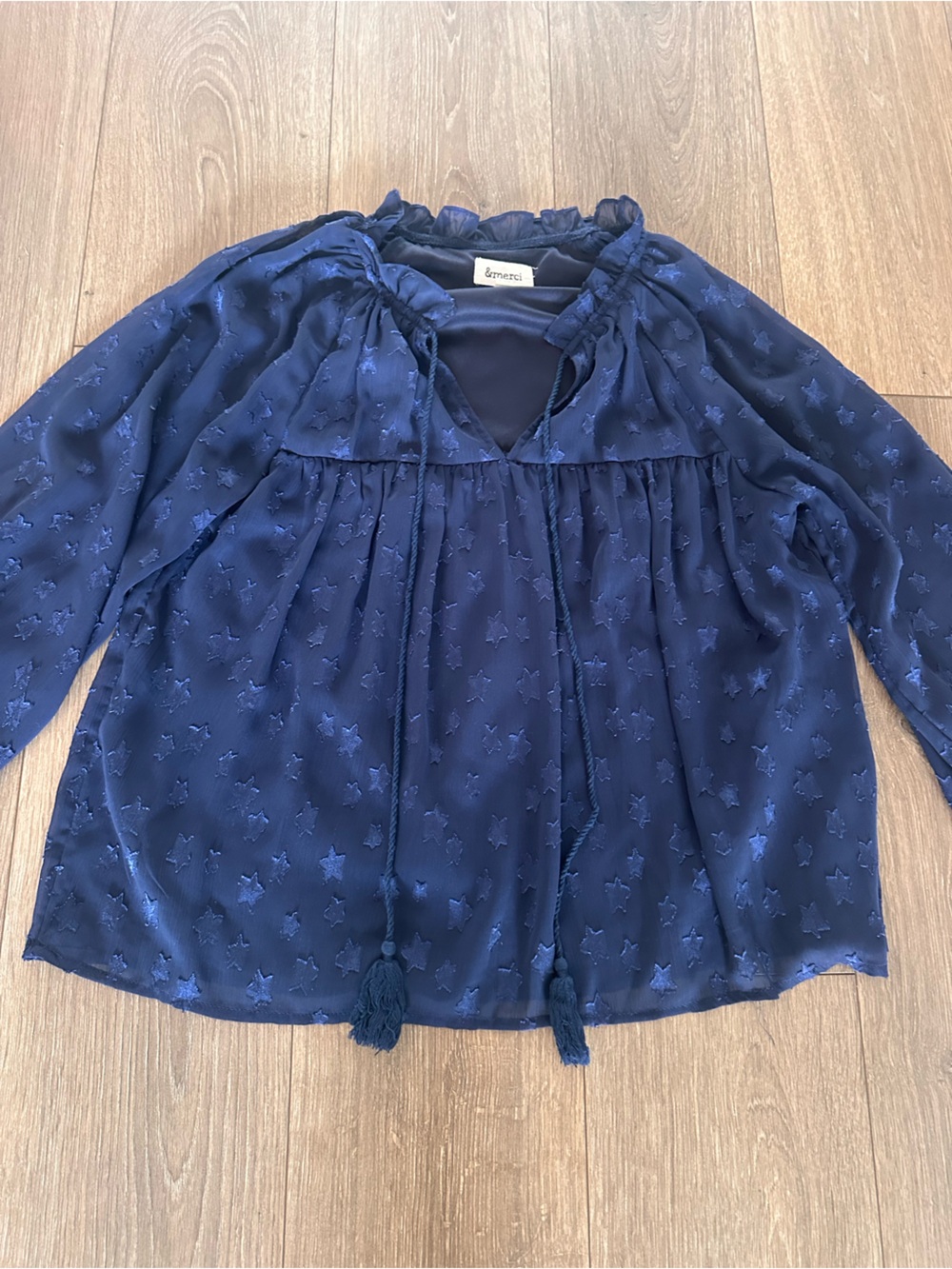 Star-Embroidered Navy Blouse with Tassel Tie